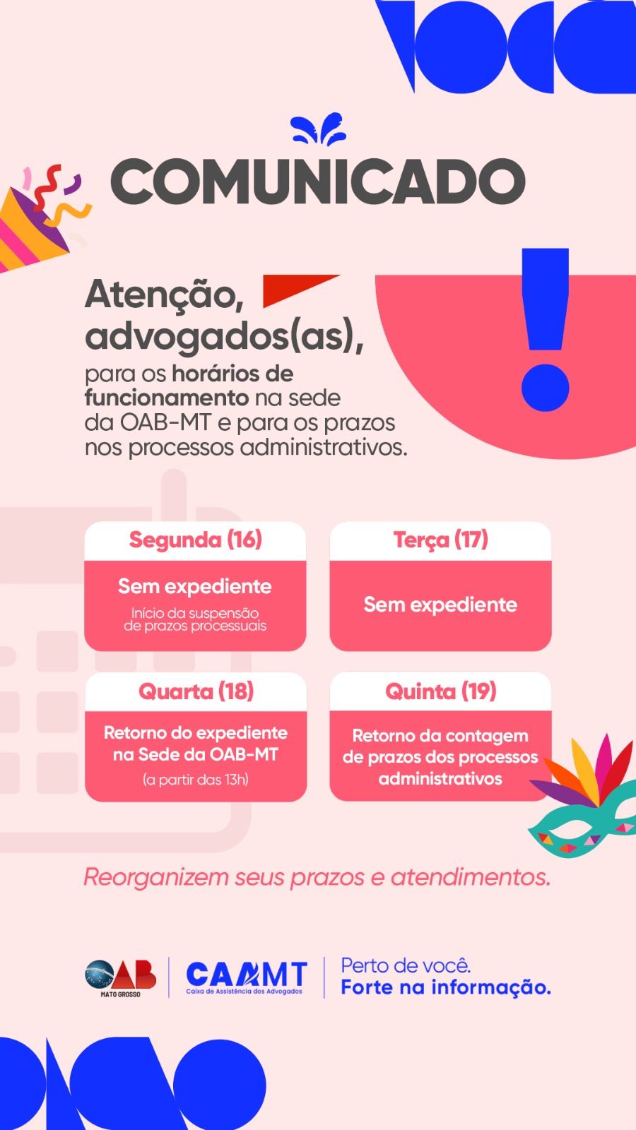 Seccional suspende atividades e prazos processuais devido ao Carnaval | Notícia