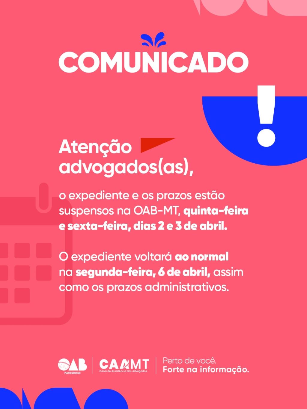 Seccional suspende expediente e prazos processuais nos dias 02 e 03 de abril em razão do feriado da Semana Santa | Notícia